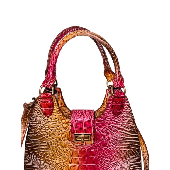 Croc Embossed Faux Leather Handbag Gradient Pink & Yellow Adjustable Strap - Picture 7 of 11